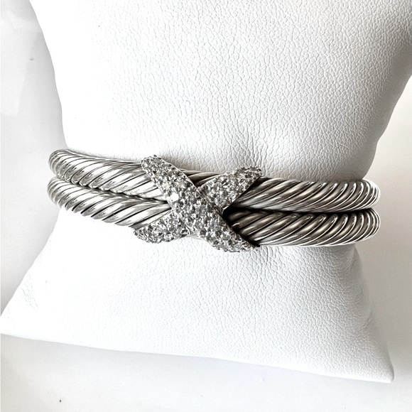 David Yurman Sterling Silver Double Row Diamond X Cable Bracelet - Picture 4 of 16